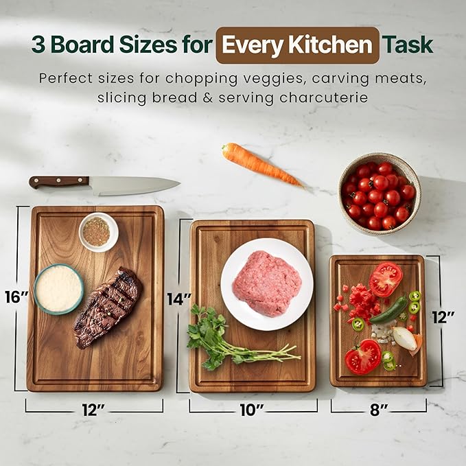 BRUSH HAVEN Salt & Birch Cutting Board - Premium Acacia Wooden Board for Easy Food Prep - Enjoy A Reliable Chopping Board Designed for Versatile Kitchen Use - Perfect for Chefs & Home Cooks- 3 Pcs Set