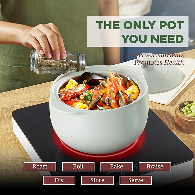 MINH LONG 1-Qt Porcelain Dutch Oven with Lid – Lead & Cadmium Free, Oven Safe to 482°F, Heat Retention, Clay Pot for Cooking on Gas & Infrared Cooktop, Use to Marinate, Cook, Bake, Refrigerate & Serve