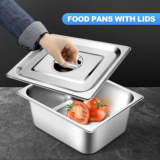 Hotel Pan With Lids 1/2 Size 4 Inch Deep Stainless Steel Chafing Dishes for Buffet, Steam Table Pan, Metal Commercial Food Pans for Food Prep/Catering/Food Serving (6 Pack, Half Size 1/2 x 4" Deep)