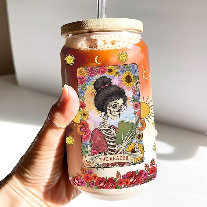 Book Lovers Gifts Ideas 16 Oz Glass Cup with Lid and Straw The Reader Coffee Tumbler Bookish Reading Accessories Birthday Mothers Day Christmas Gift for Readers Women Bookworm Teacher
