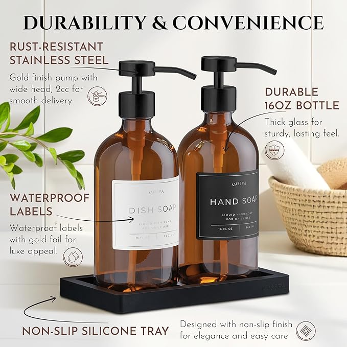 Lotion, Hand & Dish Soap Dispenser for Kitchen & Bathroom | Soap Dispenser Set of 2 16.8 Oz Glass Bottles with Stainless Steel Pump, 15 Water Proof Labels & Silicon Tray (Amber/Black)