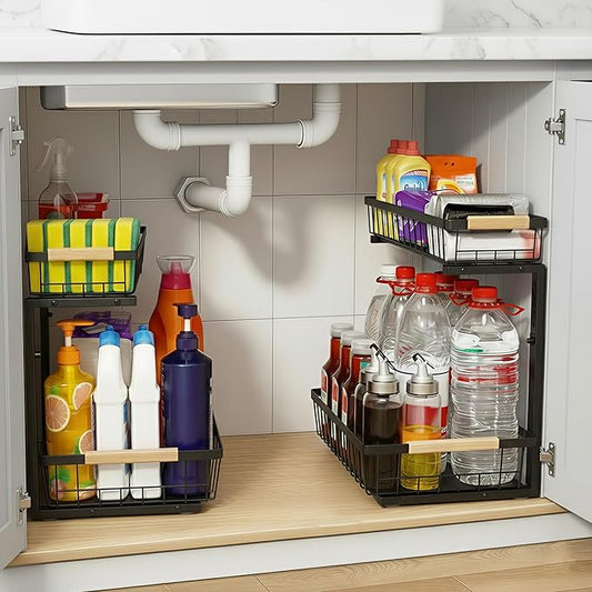 Under Sink Organizer 2 Pack, 2 Tier Pull Out Cabinet Organizers and Storage for Kitchen Bathroom Pantry Laundry, Adjustable Height, Slide Out Thickened Metal Storage Shelf (Black, 2 Pack)