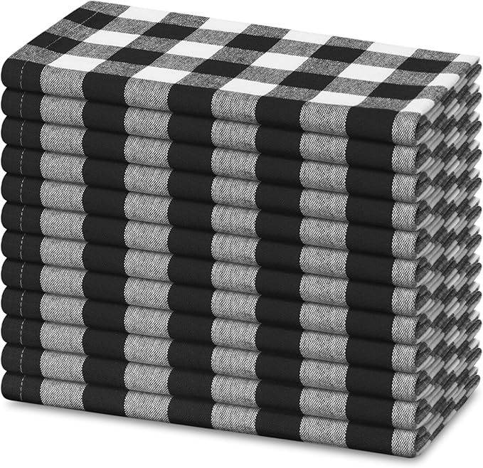 Blue Needles Gingham Buffalo Plaid Cloth Napkins 100% Cotton Set of 12 Dinner Table Napkins 18x18 inch Soft, Reusable, Washable Perfect for Wedding Parties & Everyday Use - Black and White