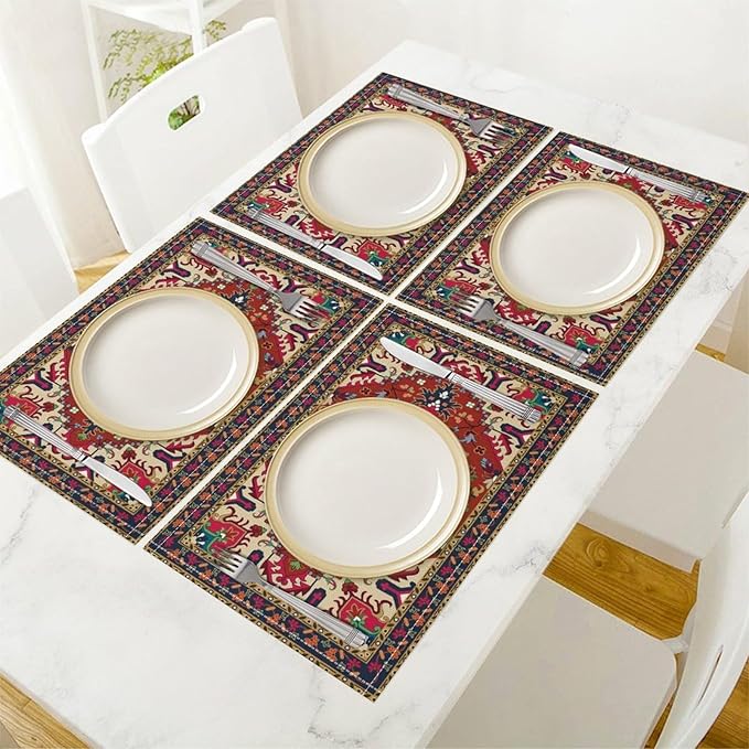 Boho Ethnic Placemats Country Farmhouse Retro Red Floral Art Printed Dining Table Mats Set of 4 for Restaurant Home Kitchen Holiday Picnic Party Decor 12x18in