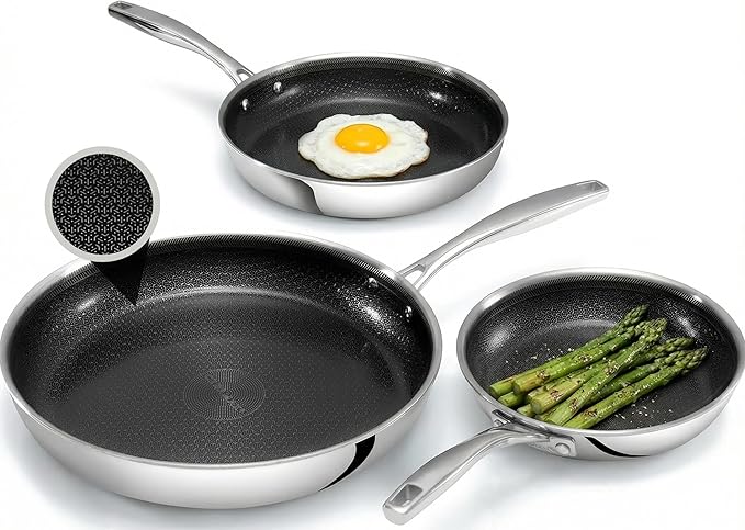 CERAMAX Gotham Steel Hybrid 3pc Stainless Steel Non Stick Frying Pans Set, 8,10,12 inch Ceramic Frying Pan Skillet Set, Induction Ready, Made without PFAS & PFOA, Oven and Dishwasher Safe - Black