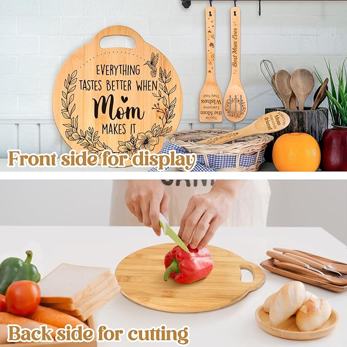 Birthday Gifts for Mom - Cute Engraved Bamboo Cutting Board Set, Perfect Mom Birthday Gifts from Daughter/Son, Mothers Day Christmas Birthday Gifts for Mom Mother, Home and Kitchen Decor