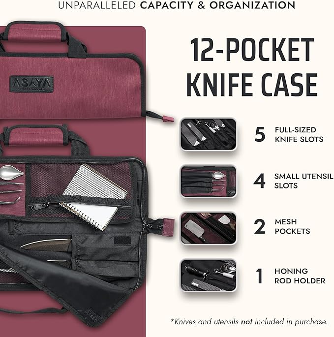 Asaya Chef Knife Roll Bag - 12 Pockets for Knives and Kitchen Utensils - Lightweight, Durable, and Stain Resistant Nylon - Perfect for the Traveling Chef - Knives not Included (Red)