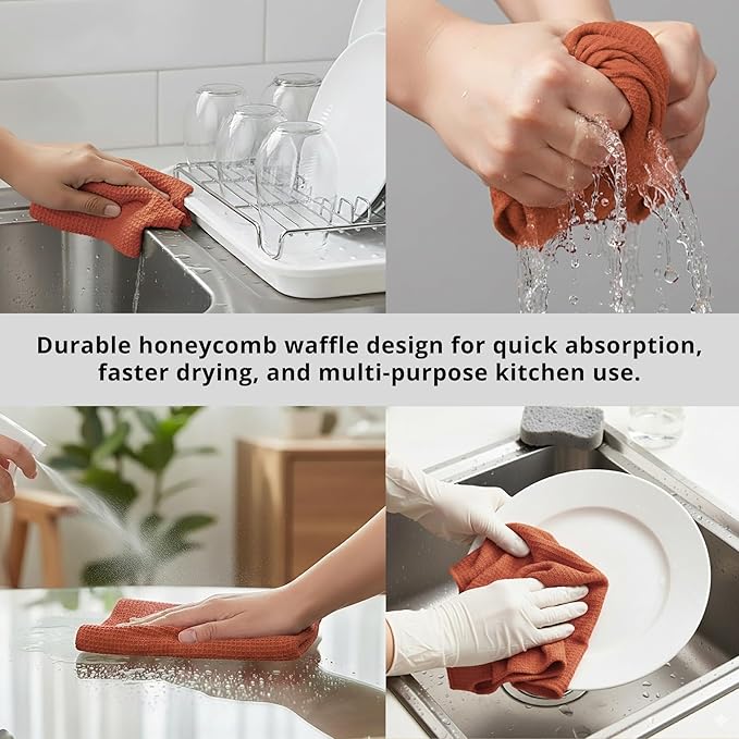 PurpleEssences Rust Dish Cloths and Dish Rags - 6 Pack Waffle Weave Solid Kitchen Dish Wash Cloths, 100% Cotton, 12 x 12 Inches, Ultra Soft Absorbent Quick Drying - Christmas Holiday Winter - Rust