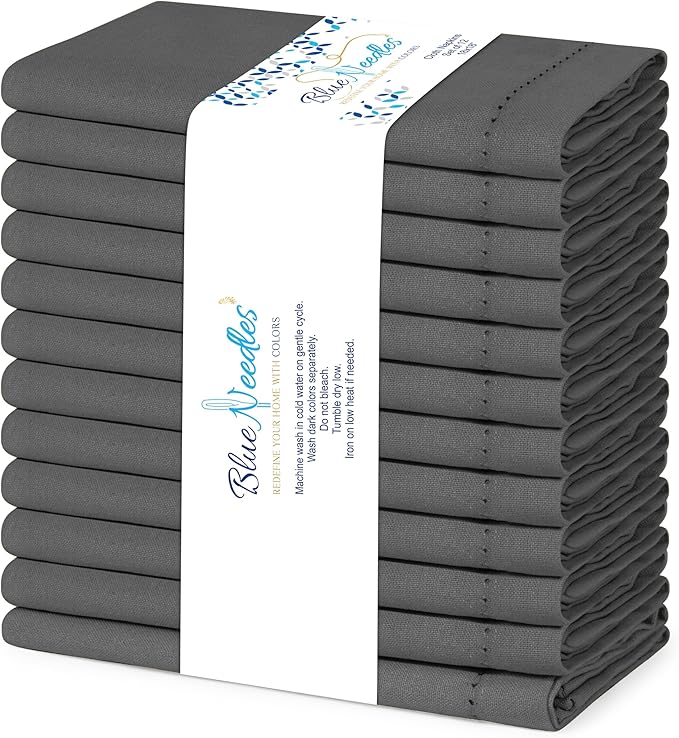 Blue Needles Set of 12 Hemstitch Linen Napkins 100% Cotton Grey Cloth Dinner Napkins 18x18 inches, Soft, Reusable, Absorbent, Washable, Ideal for Wedding Events, Parties & Everyday Use