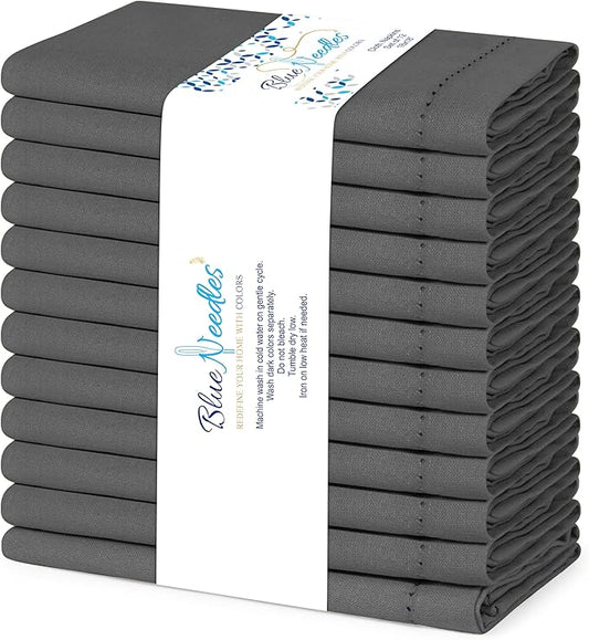 Blue Needles Set of 12 Hemstitch Linen Napkins 100% Cotton Grey Cloth Dinner Napkins 18x18 inches, Soft, Reusable, Absorbent, Washable, Ideal for Wedding Events, Parties & Everyday Use