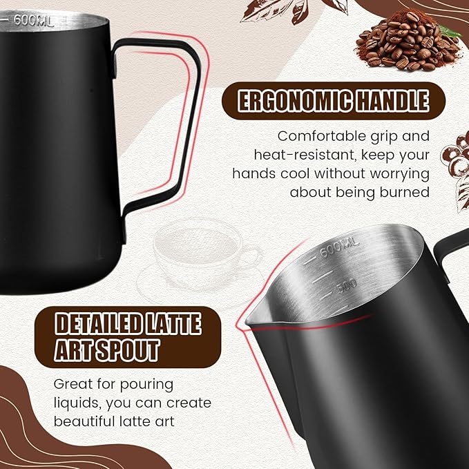 Maxdot 3 Pack Milk Frothing Pitcher 12 Oz, 20 oz and 30 oz Milk Frother Cup Stainless Steel Espresso Steaming Pitcher with Scale Frother Jug with Art Pen for Cappuccino Coffee Latte Art