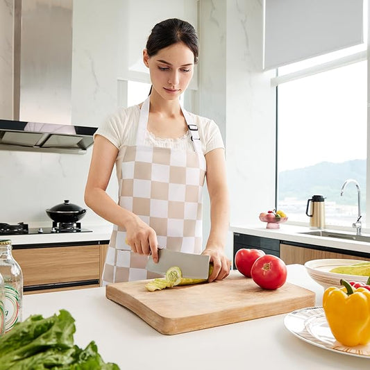 2 Pack Checkered Kitchen Apron, Beige Checkerboard Aprons for Women with Pockets, Chef Apron for Men, Waterproof Aprons for Cooking