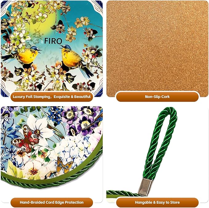 Ceramic Trivets for Hot Dishes,Anti-Slip with Heat Resistant Cork Trivet for Countertops and Tables,Protects Surfaces from Hot Pots,Pans,Cups,Decorative Coasters for Table,Dual-use,Portable Hanging