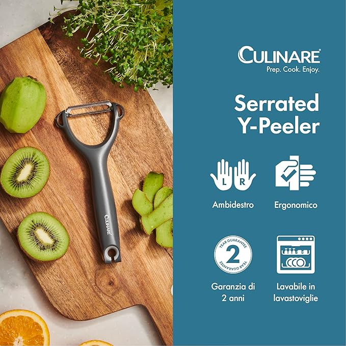 Culinare Serrated Safety Peeler, Grey, Plastic/Stainless Steel, Y Shaped for Maximum Control and Comfort, Manual Tomato/Kiwi Peeler