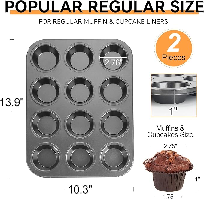 TAOUNOA Muffin Tin, 12-Well Nonstick Cupcake Pan Set of 2, Heavy Duty Steel Muffin Pan