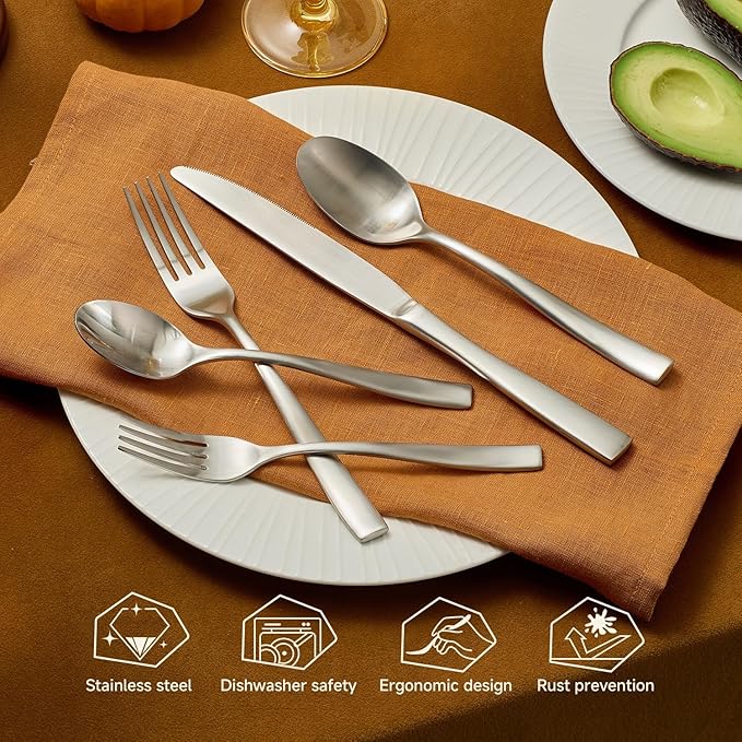 KINGSTONE Silverware Set for 12, 60-Piece Stainless Steel Matte Finish Flatware Set with Forks, Knives, Spoons, Dishwasher Safe Cutlery Set for Home, Wedding, Rust-proof