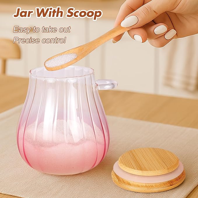 Arrozon 15 oz Pink Sugar Bowl with Bamboo Lid and Spoon,Pink Kitchen Decor and Accessories,Glass Jar with Airtight Lid, Brown Sugar Keeper, Sugar Container for Coffee Bar and office