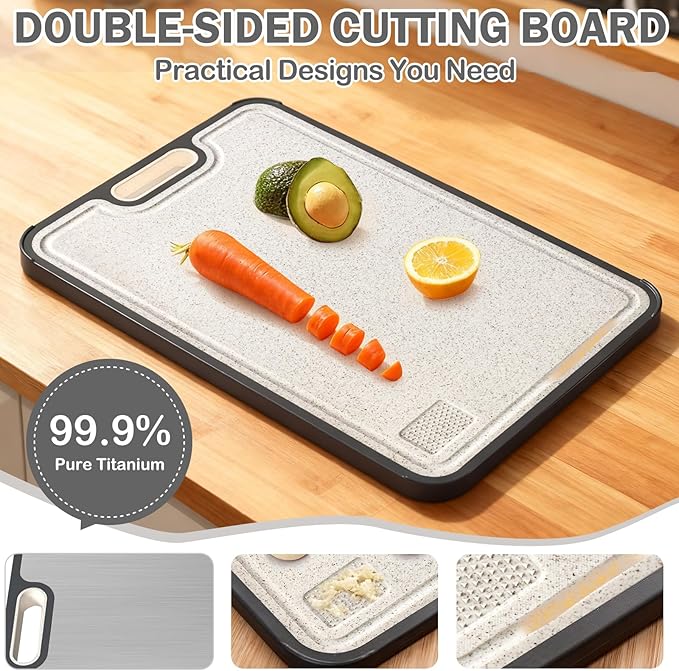 Suptikes Titanium Cutting Board,Double Sided Steel Cutting Boards for kitchen,Titannum/Wheat straw pp Large Board for meat,non toxic Chopping,16 * 11 Inch,Dishwasher Safe
