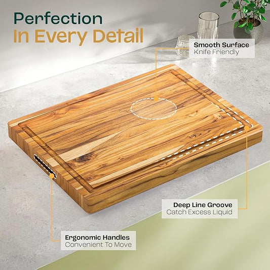 Yes4All Solid Teak Cutting Boards for Kitchen, [17''L x 13''W x 1.5” Thick] Medium Edge Grain Butcher Block Cutting Board, Food Surface Wood Cutting Boards with Juice Grooves and Easy Grip Handle