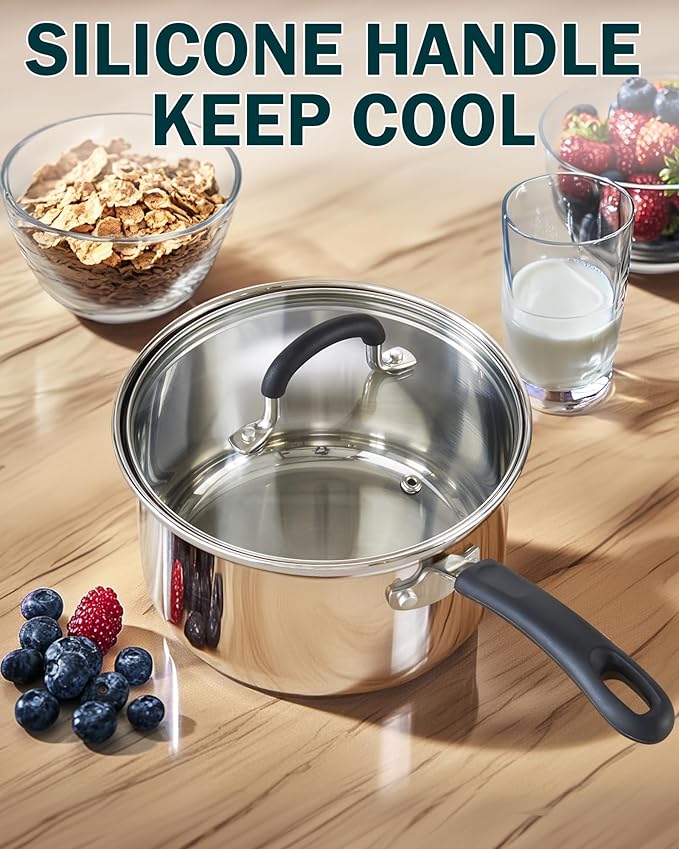 Cook N Home Saucepan Sauce Pot with Lid 1 Quart Stainless Steel , Stay Cool Handle, silver