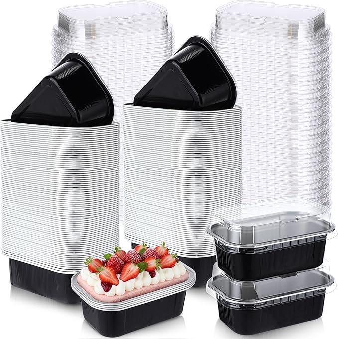 Vesici 100 Sets Mini Loaf Pans with Lids, 5.7 oz Disposable Aluminum Foil Baking Cups, Rectangle Cake Pans for Pudding Desserts Muffin Baking Storage Valentines Wedding Birthday Party(Black Silver)