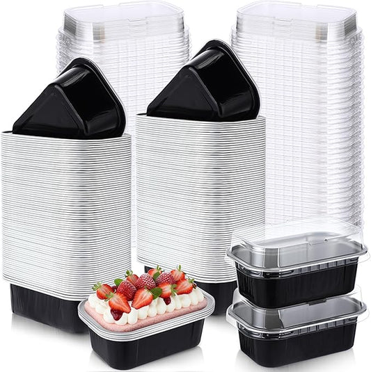 Vesici 100 Sets Mini Loaf Pans with Lids, 5.7 oz Disposable Aluminum Foil Baking Cups, Rectangle Cake Pans for Pudding Desserts Muffin Baking Storage Valentines Wedding Birthday Party(Black Silver)
