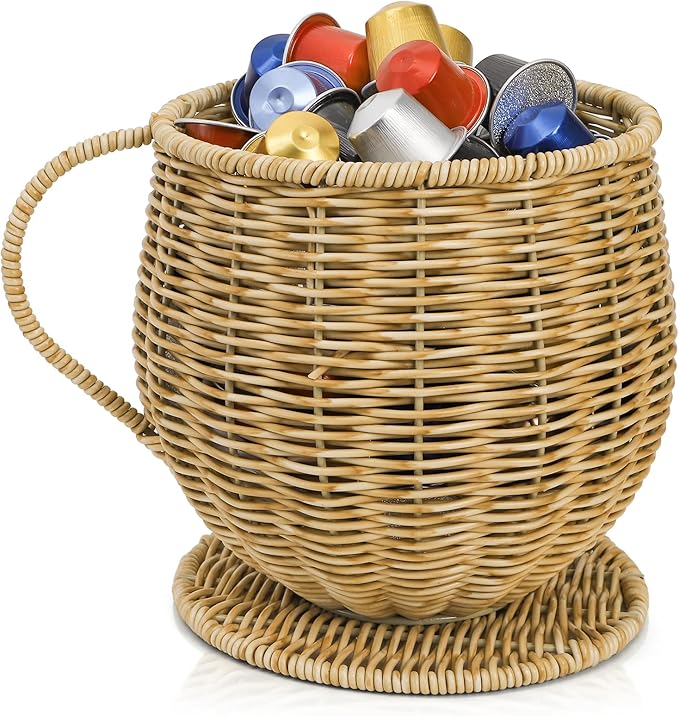 Coffee Pod Basket, Large Capacity Coffee Pod Container with Handle, Handwoven K Cup Holder Capsule Storage for Counter, Home, Office, Coffee Bar