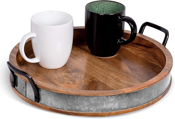 BIRDROCK HOME Large Round Wooden Serving Tray with Handles & Iron Accents - Round Barrel Tray for Living Room, Kitchen, Coffee Table Decor, Breakfast, Cheese Board & Bar - Tray Platter in Lap & Couch