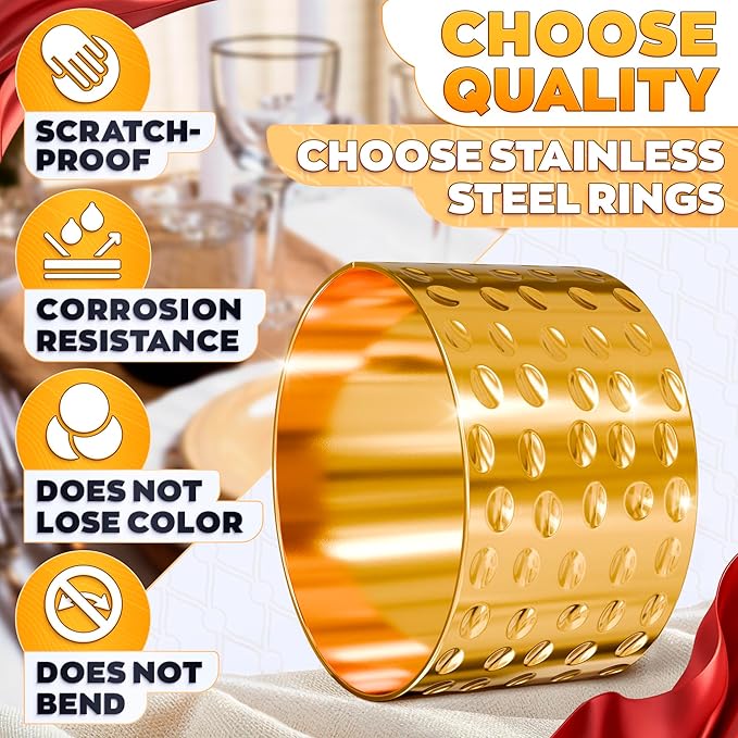 Easter Gold Napkin Rings - Hammered Gold Napkin Rings Set of 8-1.8"x1.1" Sturdy & Reusable Metal Napkin Ring Holders for Weddings & Holiday Dinners, Festive Easter Table Decor, Stylish Gifts for Hosts