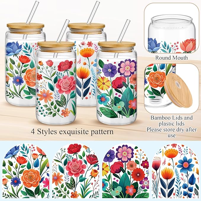 Mumufy Gift for Women Cute Glass Cup Tumbler Flower Iced Coffee Mugs 16 oz Glass with Bamboo Lid & Straw, Mothers Day Birthday Gift for Mom Sister Bridesmaid Baby Shower(4 Pack,Abstract Flower)