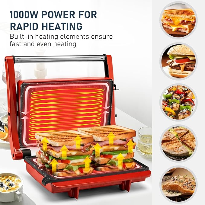 SUSTEAS Panini Press Sandwich Maker and 304 Stainless Steel Electric Indoor Grill, Easy Clean Nonstick Grids, Opens 180°/105° to Fit Any Type or Size of Food, Homemade BBQ, Red