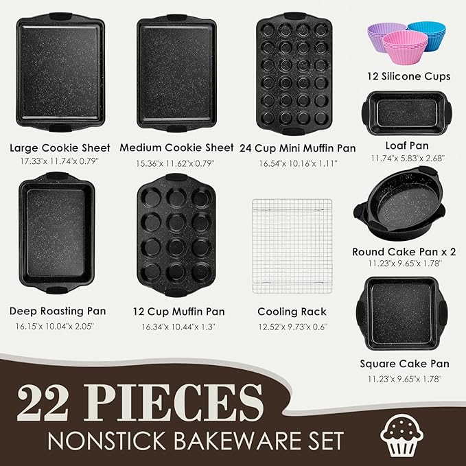 Baking Pans Set Nonstick, Stackable Bakeware Sets with Silicone Handles, AIVIKI 22 Pieces Oven Pan for Cooking Including Baking Cookie Sheet with Rack, Roast Pan, Cake Pan, Loaf Pan, Muffin Pan, Black