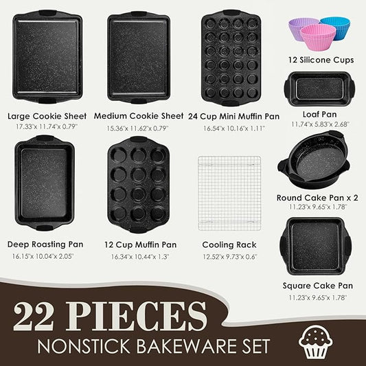 Baking Pans Set Nonstick, Stackable Bakeware Sets with Silicone Handles, AIVIKI 22 Pieces Oven Pan for Cooking Including Baking Cookie Sheet with Rack, Roast Pan, Cake Pan, Loaf Pan, Muffin Pan, Black