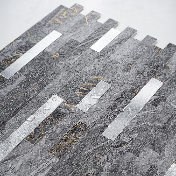 20 Sheets Peel and Stick Backsplash for Kitchen, Gray-Gold Stone with Metal Silver Look Stick on Tile Upgrade Your Kitchen Backsplash, RV, Fireplace