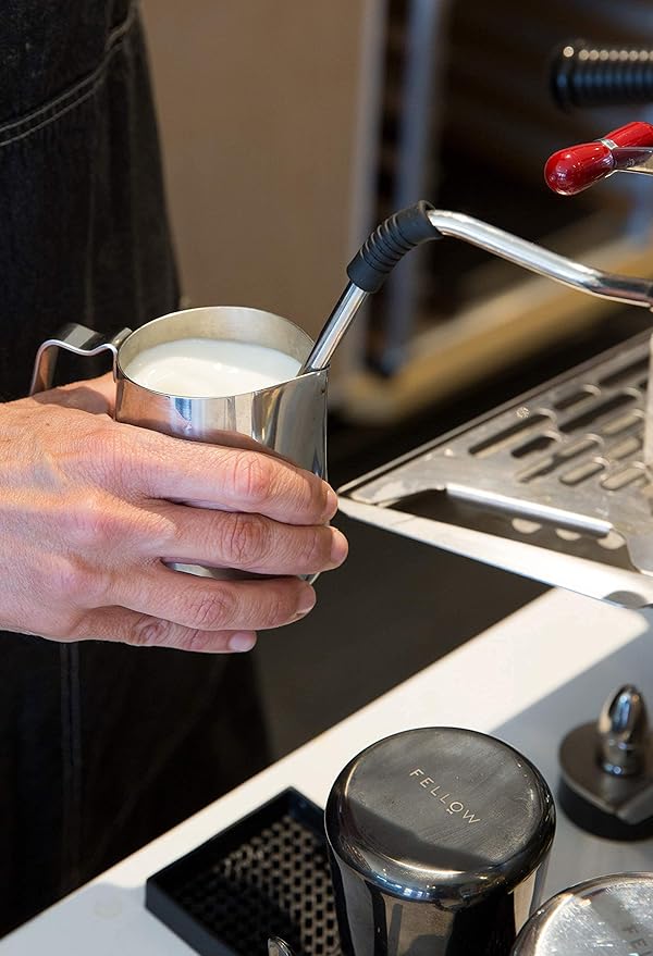 Fellow Eddy Steaming Pitcher - Milk Frother Pitcher with Fluted Spout, Premium Barista Tools for Precision Latte Art, 18/8 Stainless Steel, Polished, 12oz Jug