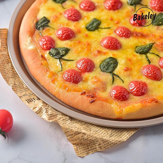 Bakeley 12-inch Pizza Pan, Heavy Duty Carbon Steel, Non-Stick, Pancake Bakeware for Oven Baking (Champagne Gold)