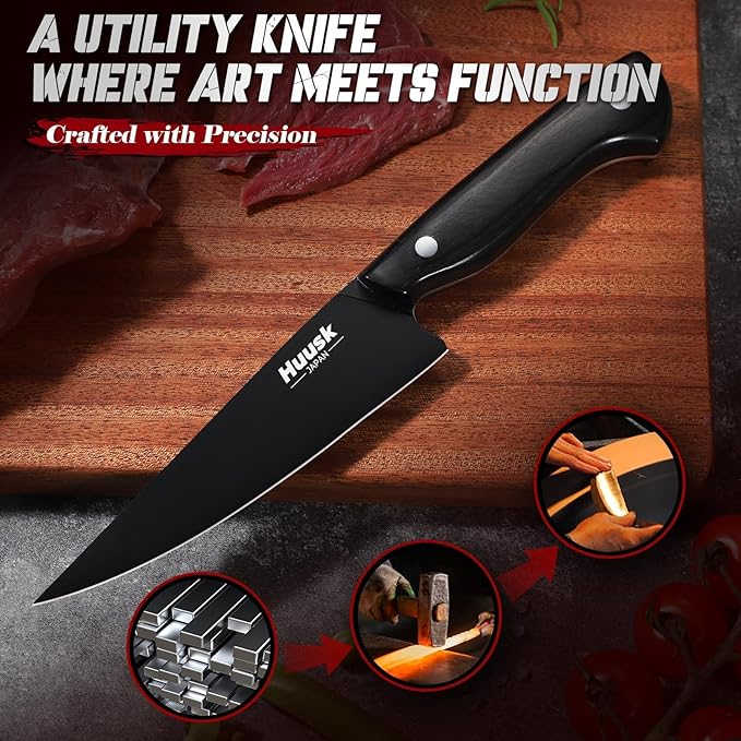 Huusk Japanese Kitchen Utility Knife 5.7in - Titanium Coating Blade Small Kitchen Knife, Sharp Mini Chef Knives for All Purpose, High Carbon Stainless Small Chef Knifes, Christmas Gifts for Men