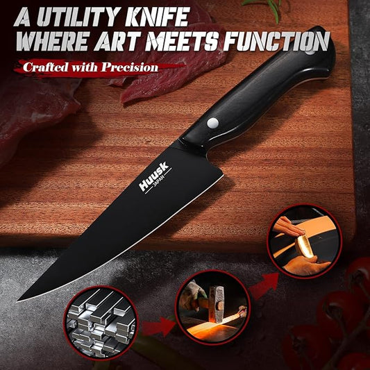Huusk Japanese Kitchen Utility Knife 5.7in - Titanium Coating Blade Small Kitchen Knife, Sharp Mini Chef Knives for All Purpose, High Carbon Stainless Small Chef Knifes, Christmas Gifts for Men