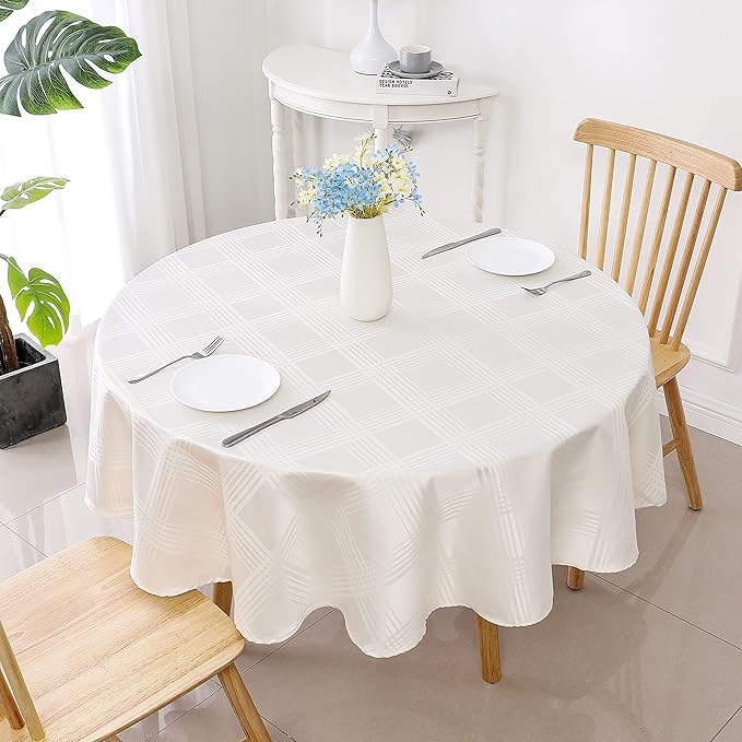 Round Tablecloth Water Resistance Ivory Plaid Table Cloth Waterproof Reusable Oil-Proof Spill-Proof Checkered Washable Table Cover for Kitchen Dining Room and Outdoor Use, 60 Inch Round