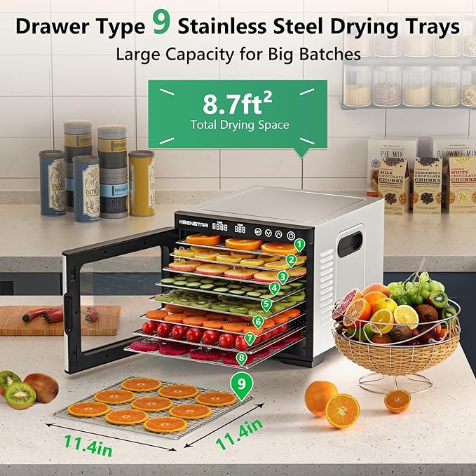 Food Dehydrator Machine, 9 Stainless Steel Trays Jerky Dryer with Digital Adjustable Timer & Temperature Control, 8.7" Drying Space, Dryer Machine for Dog Treats, Herb, Veggies, Meat, Fruit