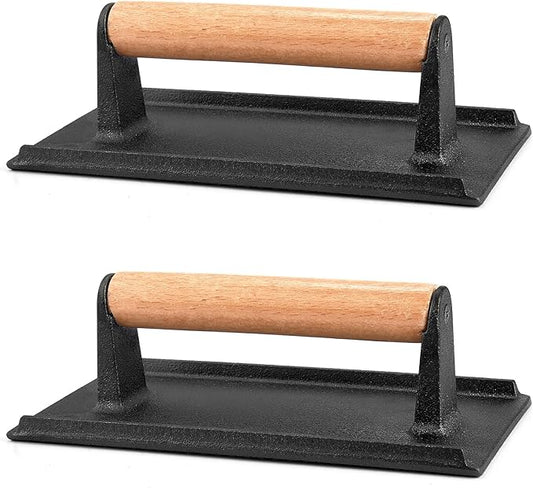 Onader 8.4 Inch Rectangle Smash Burger Press, Cast Iron Grill Bacon Press Set of 2