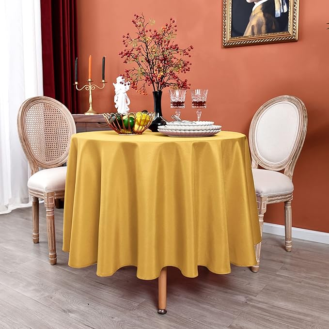 MEANMOY Gold 210 GSM Water & Stain Resistant Round Tablecloth for Circle Table - Solid 90 Inch Table Cloth Cover in Wrinkle Free Durable Washable Polyester Fabric for Wedding, Party, Banquet