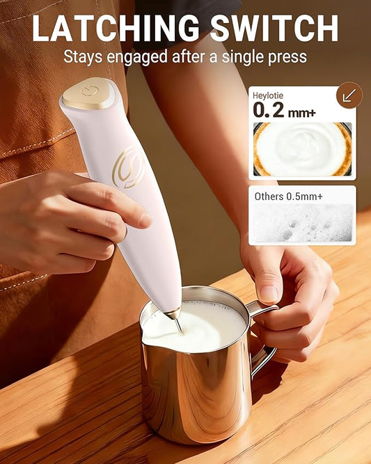 HeyLotie Milk Frother With Stand Handheld Frother Wand Drink Mixer Handheld Coffee Stirrers Electric Frother for Coffee Mixer Wand with 2 Whisk frother for protein powder-White/Gold