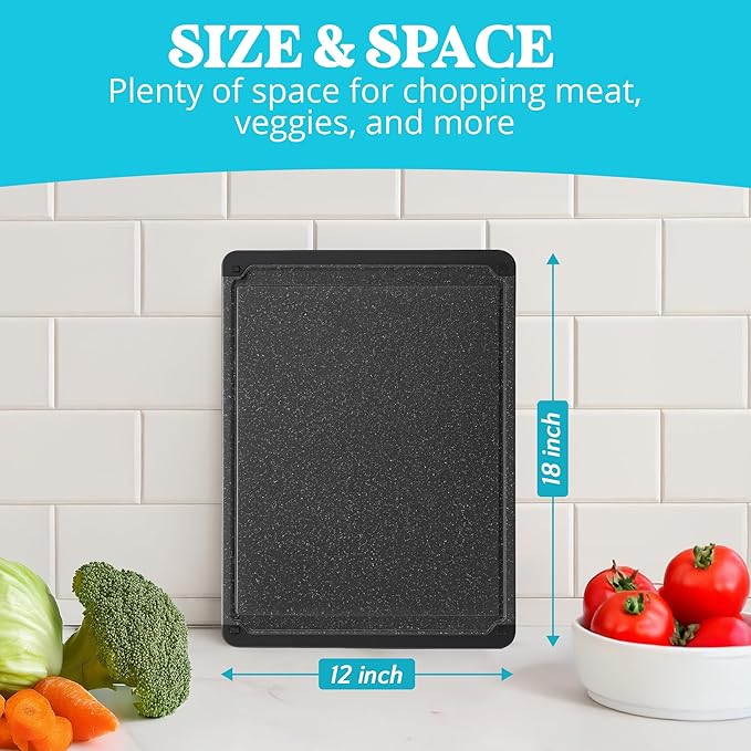 Large Cutting Boards for Kitchen - 18 x 12 Inch Plastic Cutting Board with Deep Juice Groove - Non-Slip, Durable Carving Board for Vegetables, Fruits and Meats - Dishwasher Safe Charcoal Grey