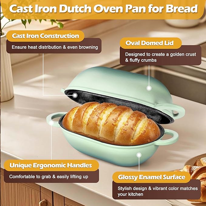 Homikit Enameled Cast Iron Dutch Oven for Bread Baking, 2.8 QT Oval Bread Oven Pot with Lid, Sourdough Loaf Iron Dutch Oven Pan for Roasting Cooking, Pistachio Green & Heavy Duty