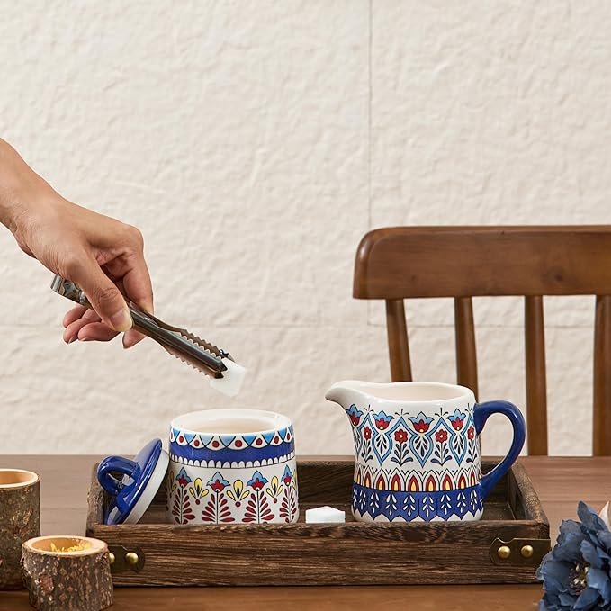 Bico Boho Totem Ceramic Sugar and Creamer Set, Sugar Bowl with Lid, Cute Container for Coffee Bar, Kitchen Countertop Accessories, Microwave and Dishwasher Safe