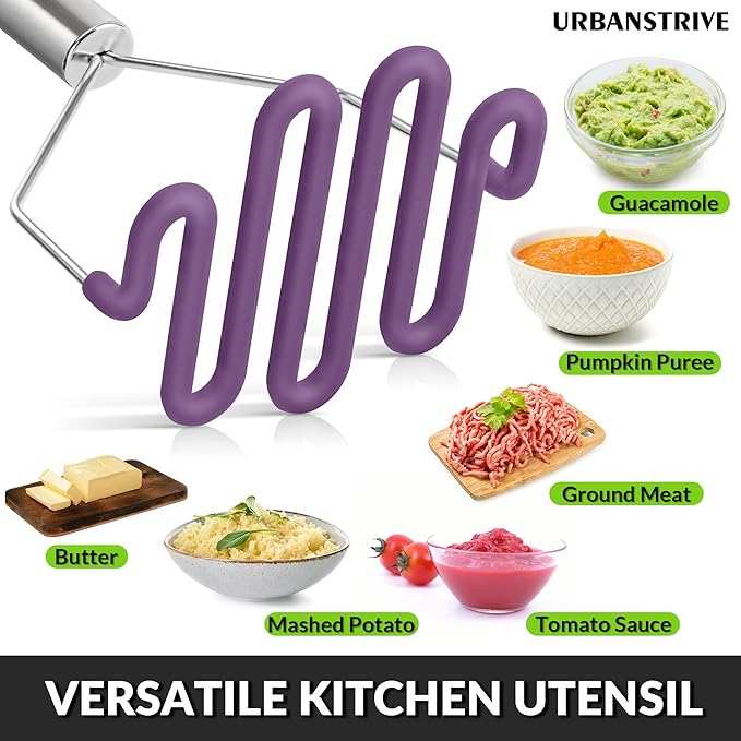 Urbanstrive Non-Scratch Silicone Potato Masher Kitchen Tool, Potatoes Masher Potato Masher Stainless Steel Wrapped In Premium Silicone, Potato Smasher, Purple