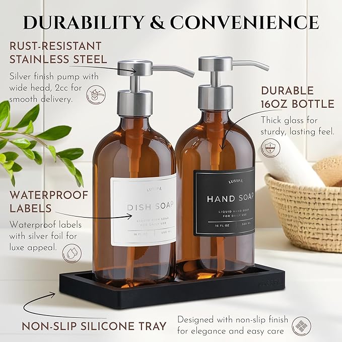 Lotion, Hand & Dish Soap Dispenser for Kitchen & Bathroom | Soap Dispenser Set of 2 16.8 Oz Glass Bottles with Stainless Steel Pump, 15 Water Proof Labels & Silicon Tray (Amber/Silver)