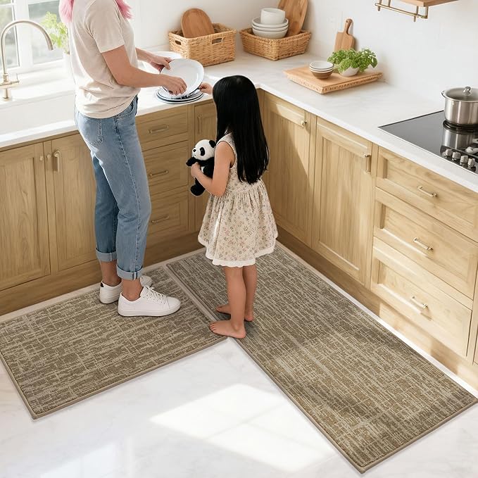 COSY HOMEER Kitchen Rugs 20"x32"+20"x48",Absorbent Soft Kitchen Mats for Floor,Non Slip Kitchen Runner Rug,Washable Kitchen Floor Mats for Sink Mat,Hallway,Laundry,Taupe
