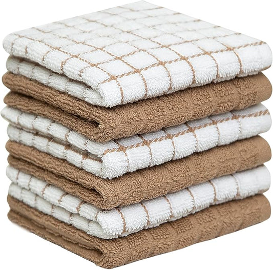 Bumble Premium Cotton Dish Cloths 12" x 12"| Tan Design | 405 GSM | Highly Absorbent & Soft Dish Towels | 100% Natural Ring Spun Cotton Kitchen Towel Set - 6 Pack